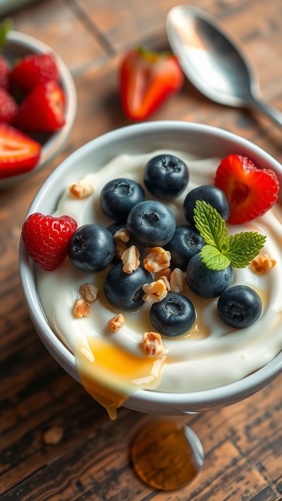 Creamy 21 Day Fix Yogurt Recipe Bowl of creamy yogurt with fresh berries and nuts on a wooden table.